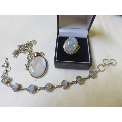 63 - Silver Moonstone Pendant, Ring and Bracelet