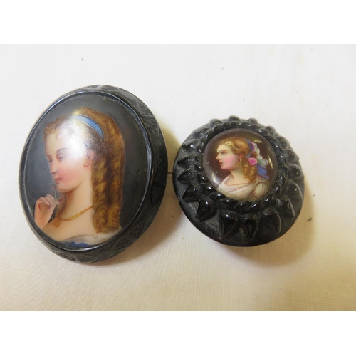 74 - Two Victorian Whitby Jet Painted Portrait Brooches