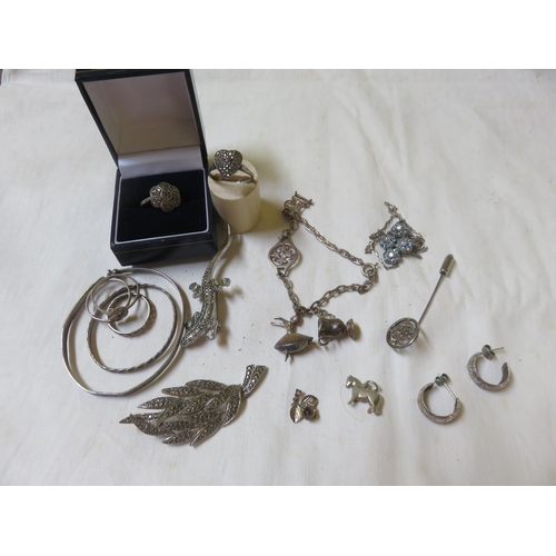 84 - Lot of Silver and Silver Marcasite Jewellery, Charm Bracelet etc.