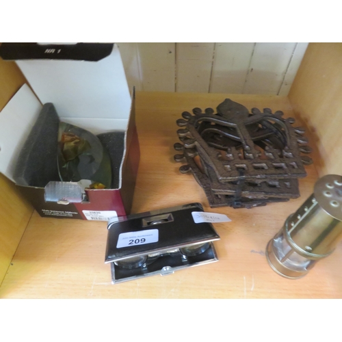 209 - Small Gas Lamp, Binoculars, Paperweight, Door Knockers