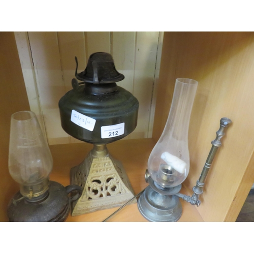 212 - Oil Lamp and two Finger Lamps, Candle Snuffer