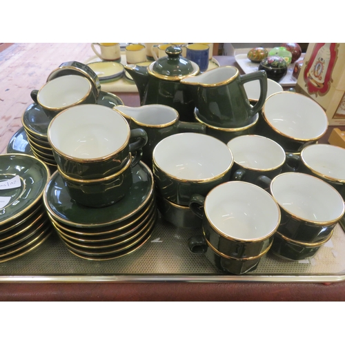 235 - Green and Gilt Harrods Tea and Coffee Sets