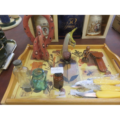 236 - Tray with Murano Fish, Medicine Bottles, Metal Figure, Cutlery etc