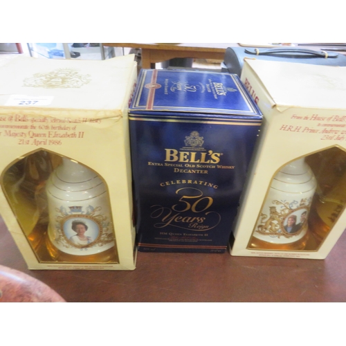 237 - Elizabeth II 60th Birthday Bells Decanter, Elizabeth II 50 year reign Bells Decanter, Prince Andrew ... 