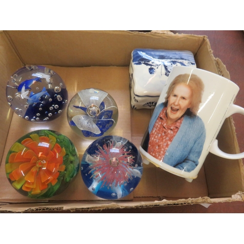 239 - Small Lot - Four Paperweights, Cup, Lidded Dish