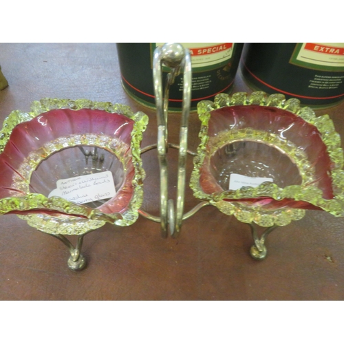 250 - Pair of Cranberry/Vaseline Glass Preserve Dished on stand