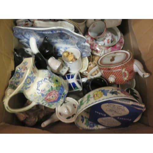 255 - Three boxes mixed bric-a-brac, tea sets, Masons Ware, Clock etc.