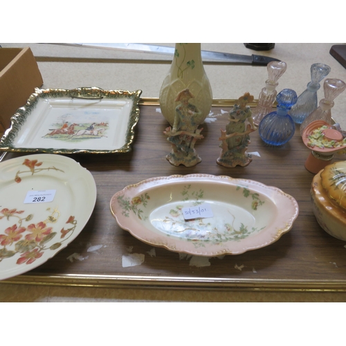 282 - Tray with Belleek Vase, Limoges  Figures, Scent Bottles etc.