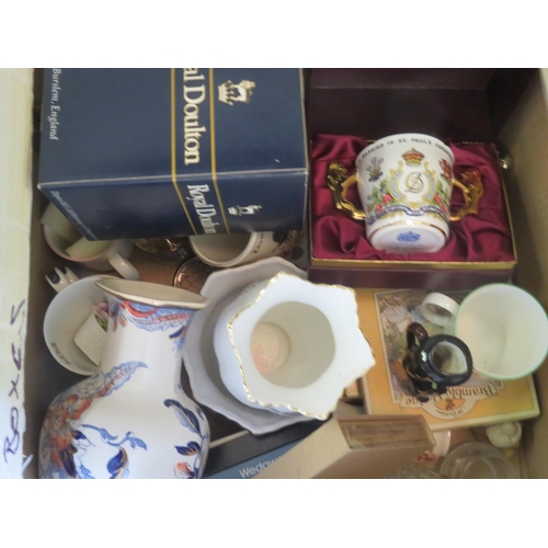 296 - Box containing Aynsley Vase, Masons, Ware, Character Jugs, Wedgwood and boxed Royal Doulton Figure 