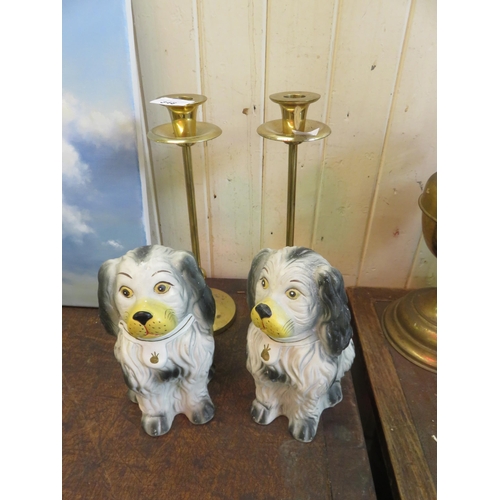 348 - Two Dog Figures and Two Brass Candlesticks