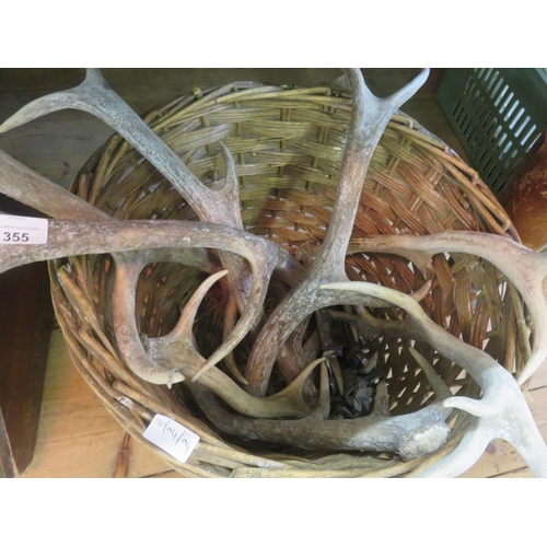 355 - Wicker Basket with various Antlers