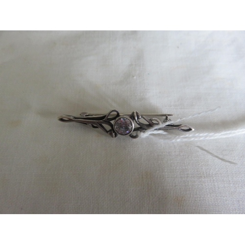 141 - Art Nouveau Silver Bar Brooch with White Stone Solitaire Centre