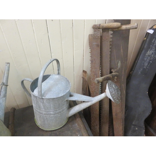 450 - Quantity of Vintage Saws, Two Watering Cans