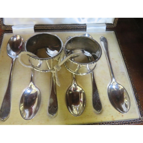 90 - Pair of Sheffield Silver Napkin Rings, Cased Walker & Hall Plated Teaspoons