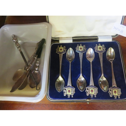 92 - Silver Nephrite Butter Knife and Spoon, box enamel spoons etc.