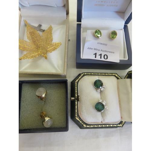 110 - Three pairs of Gold and Silver Earrings, small Silver Cross and Filigree Maple Leaf Pendant