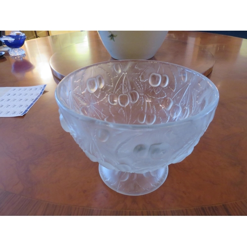 100 - French Glass Embossed pedestal bowl, fruit design, 7 ins, high