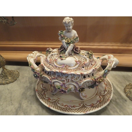 101 - Ornate modern Italian two handled lidded tureen on stand, 16 ins, tall