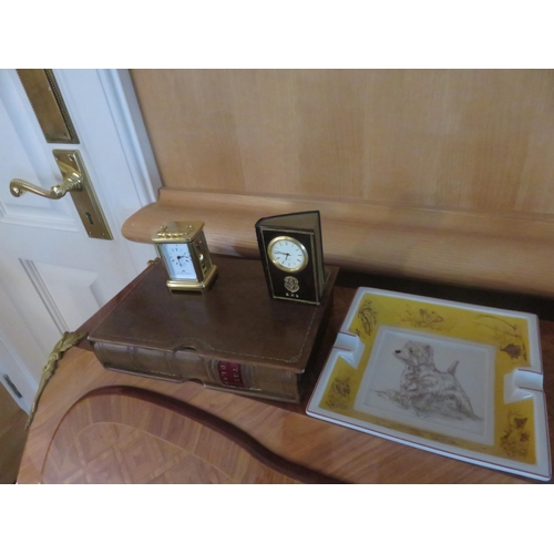 78 - Novelty Trinket box, two Miniature Clocks and small Ashtray