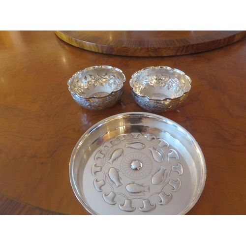 98 - Two small Fluted Rimmed Embossed Bowls and small Circle Tray