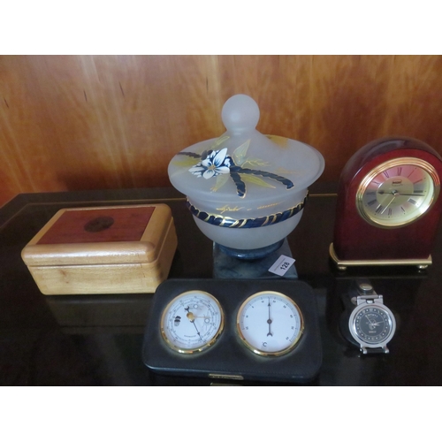 128 - Lidded Glass Bowl, Clock Barometer Set, Lidded Box, two time pieces