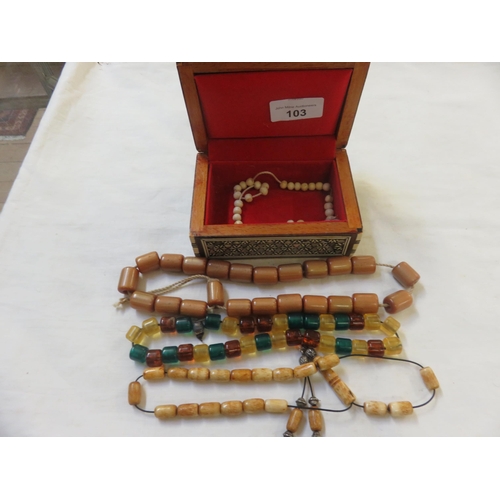 103 - Four Various Prayer Beads, etc in a Mother of Pearl Box, Bone Prayer Beads, Cataline and Others.