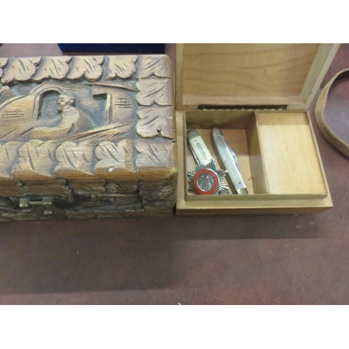 238 - Carved Wooden Box, Music Box with Fire Badge and Two Penknives