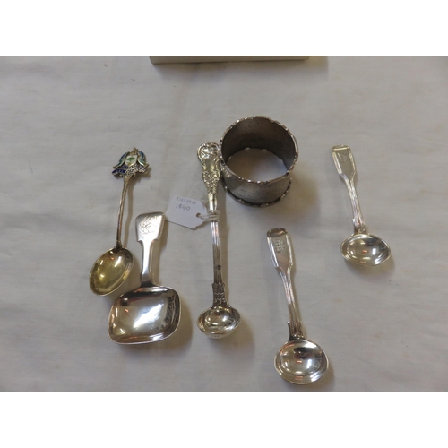 88 - Four Silver Spoons, Napkin Ring and a Plated Caddy Spoon