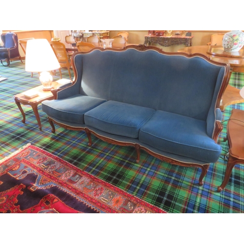 200 - Carved Wood blue upholstered three seater couch, two matching wing armchairsStarting Bid 80 GBP... 