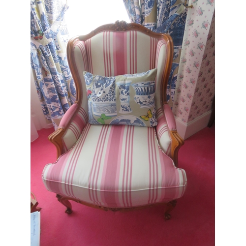 220 - Pair of Walnut Framed Pink Striped Upholstered Wing ArmchairsStarting Bid 50 GBP