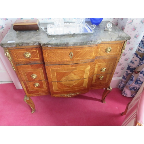 223 - Small French Inlaid Kingwood and Marble Topped three drawer chest, 34 insStarting Bid 50 GBP