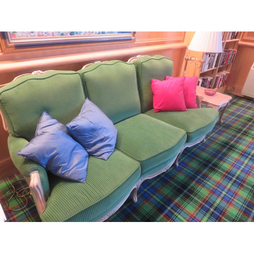 228 - Limed Wood Green Upholstered three seat couchStarting Bid 40 GBP