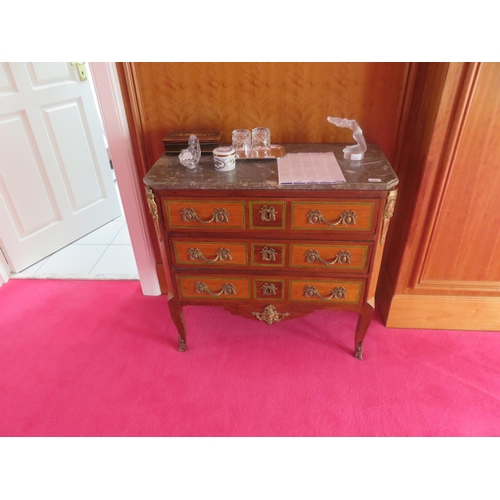256 - Pair of French Marble Topped ,three drawer chests on legs, 34 ins. wideStarting Bid 80 GBP