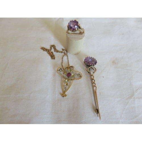 129 - 18ct. Gold and Amethyst Ring, 9ct. Gold and Amethyst Pendant and Tie Pin