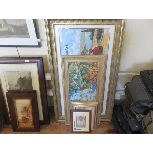2 - Two large Gilt Framed Tapestries and three small Gilt Framed Pictures