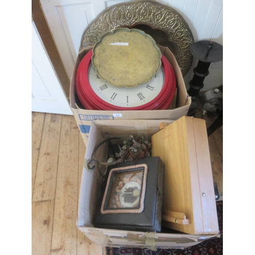 439 - Two Boxes, Clocks, Leather Satchel, assorted bric-a-brac