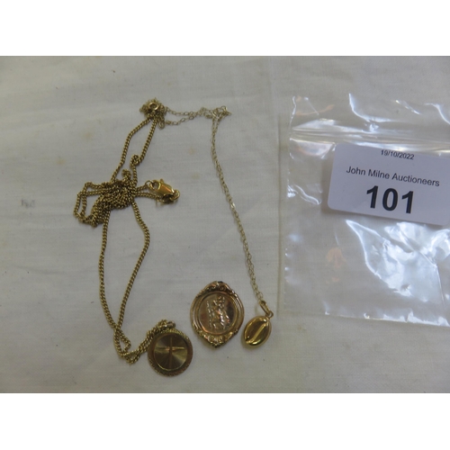 101 - 3 odd 9ct gold pendants, two with chains - 8.5gms total