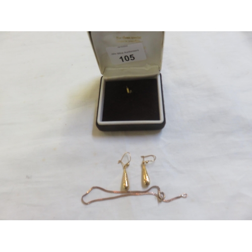 105 - Pair of 9ct gold drop earrings and thin 9ct gold chain - 3gms total