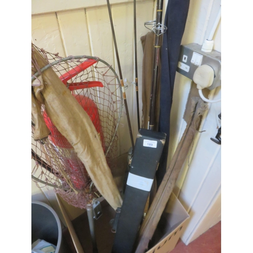 189 - Large Quantity of Fishing Rods, Landing Net and Pool Cue