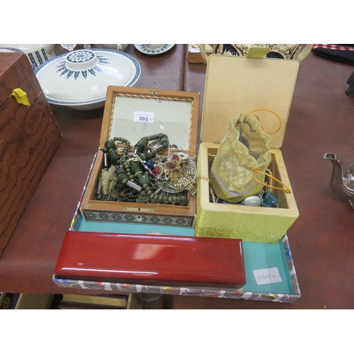 202 - Two Jewellery Boxes With Quantity of Costume Jewellery and Wooden Watch Box