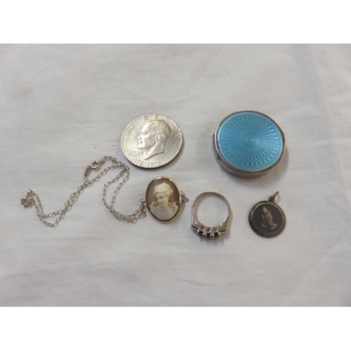 75 - Silver Enamel Pill Box, Cameo Brooch Pendant on Chain, Dress Ring