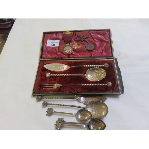 90 - Victorian Cased Pickle Set, Silver Spoons, Medallions etc