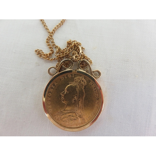 142 - 9ct. Gold Mounted 1891 Sovereign on Chain 13.1 grams