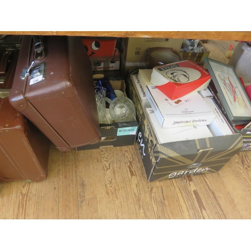 246 - Three boxes of bric-a-brac, two suitcases etc