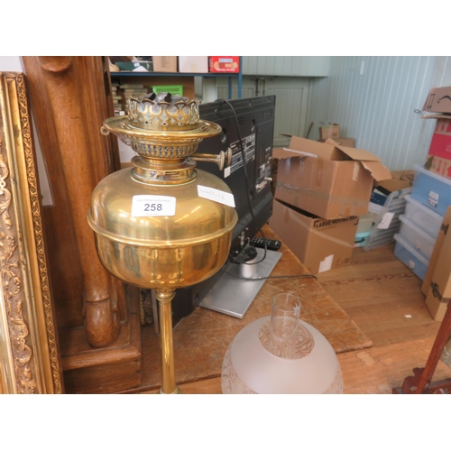 258 - Brass and Copper Oil Lamp with Glass Chimney and Shade