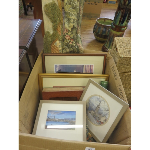 385 - Box with Pictures, Framed Cigarette Cards and Wall Hanging Tapestries