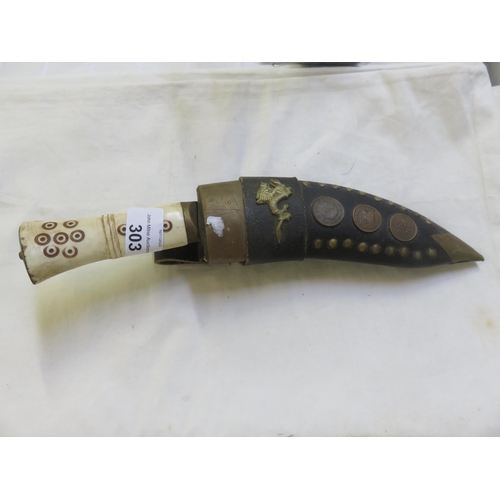 303 - Bone Handled Kukri with Coins Embedded in Sheath