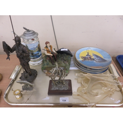 154 - Tray Containing Fishing Related Items, Tankard, Figurines, clock, Wall Plate with Stands