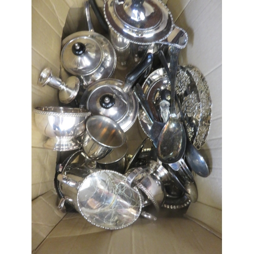 244 - Box with Plated Items, Tea Set, Cutlery etc