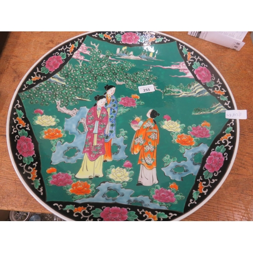 255 - Large Japanese Charger on Green Ground depicting Geishas